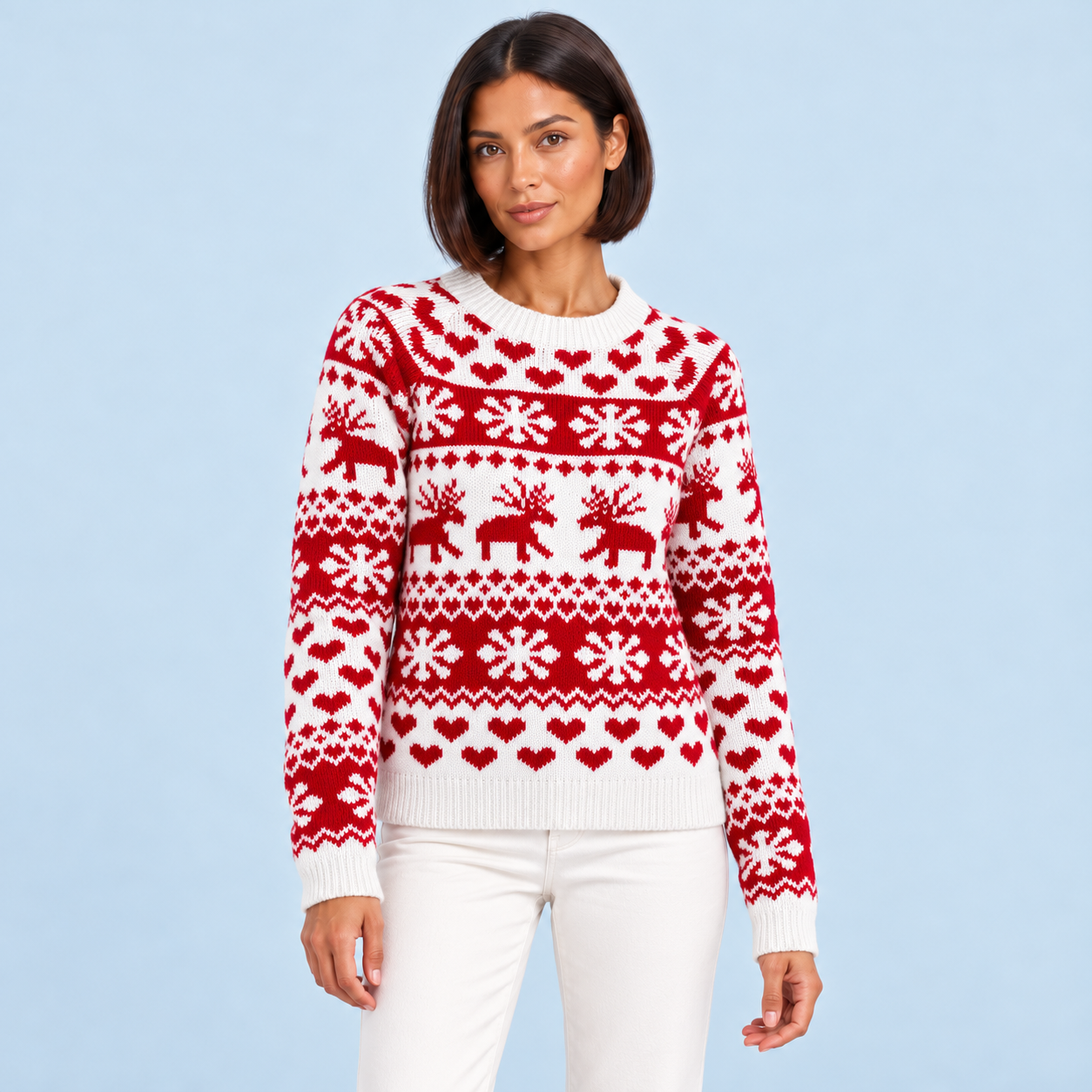 Pull de Noël blanc et rouge porté de face