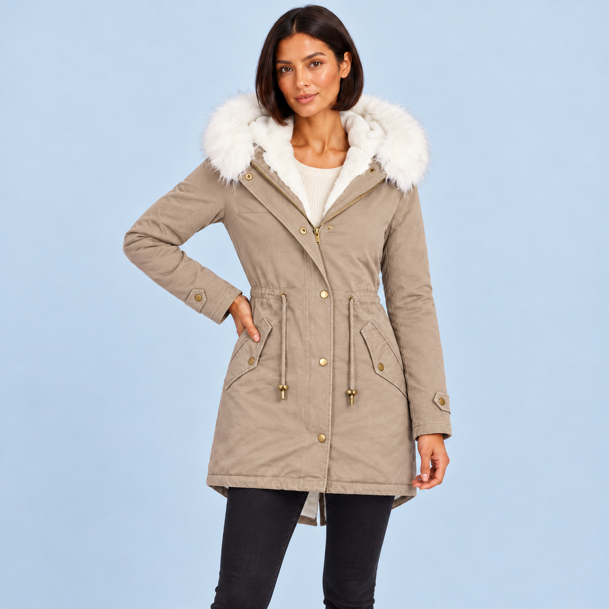 Parka beige portée de face