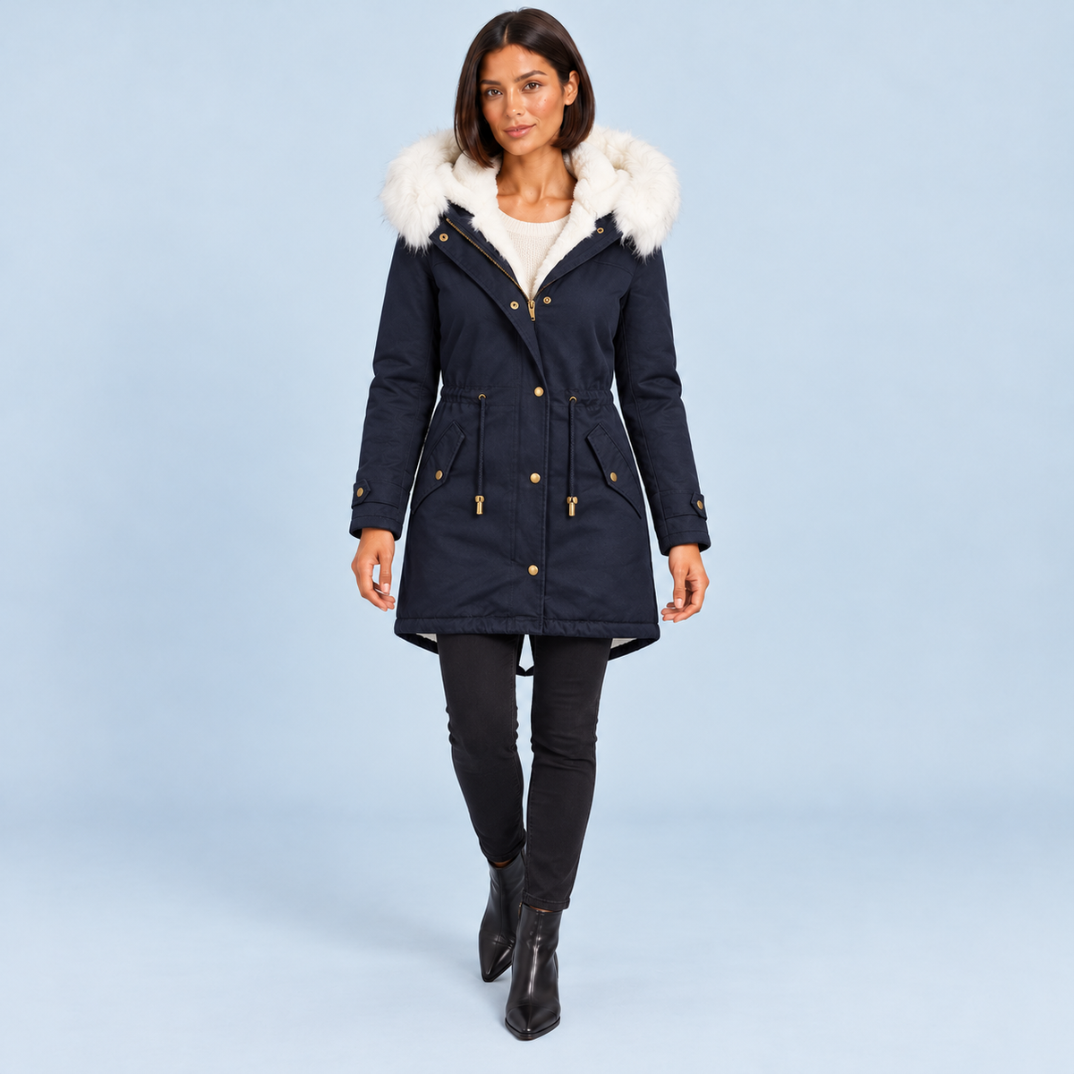 Parka bleue portée de face