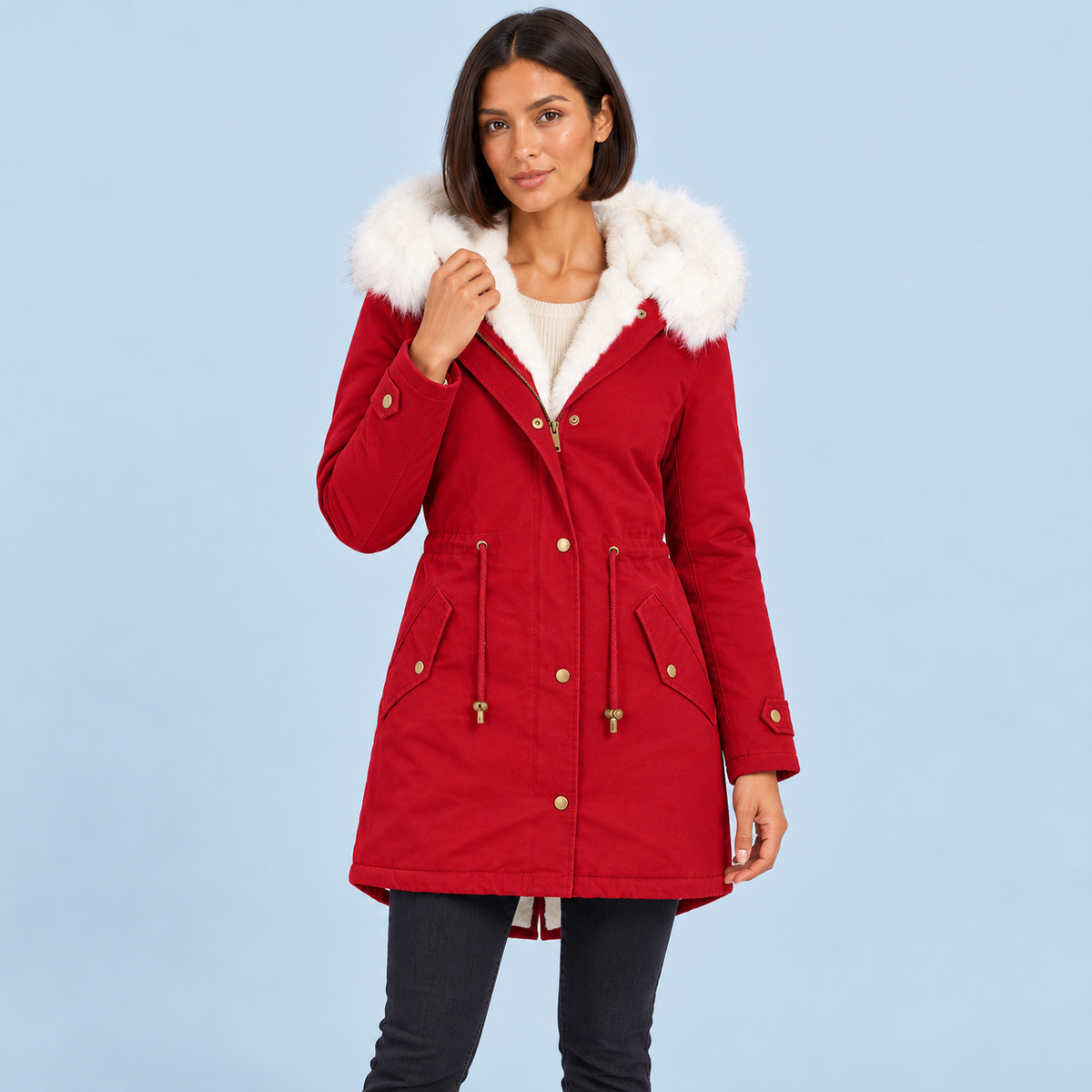 Parka rouge portée de face