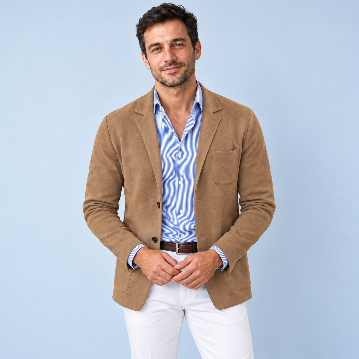 Blazer beige porté de face