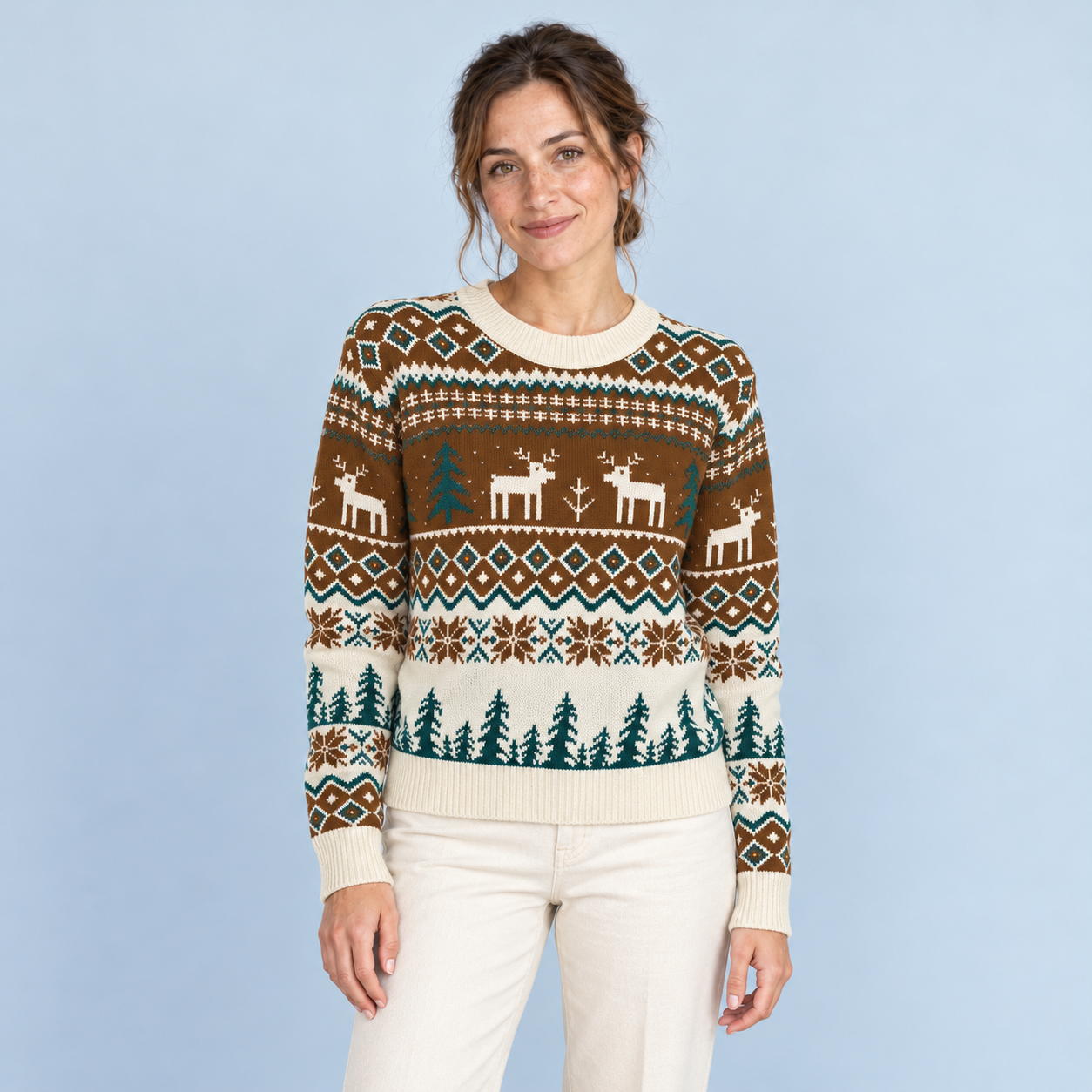 Pull de Noël marron porté de face