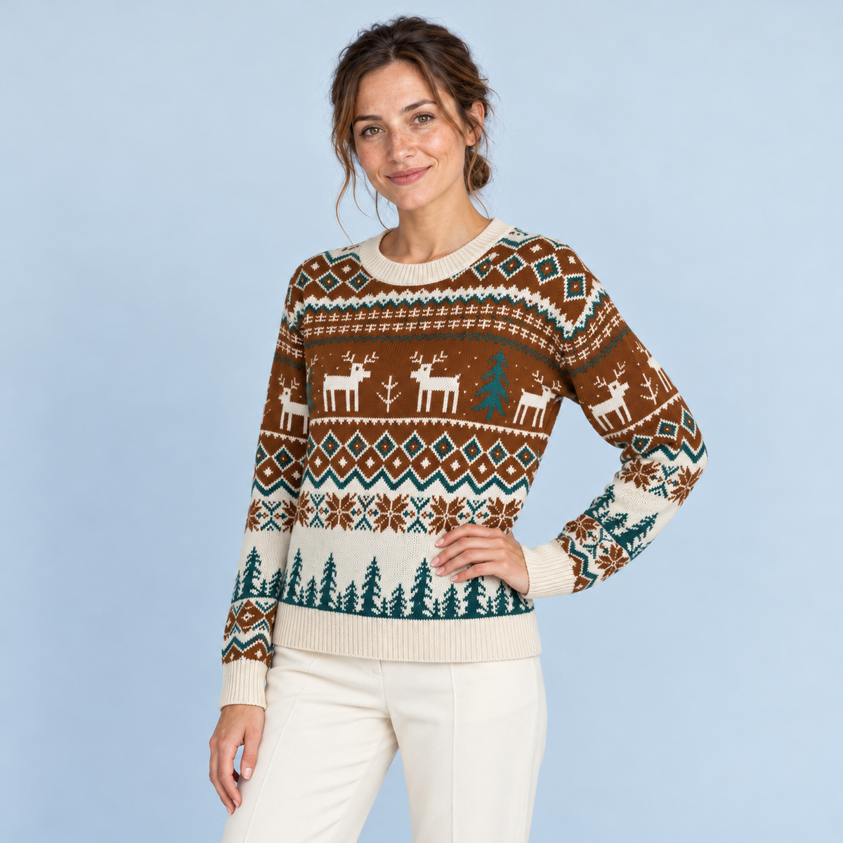 Pull de Noël marron vue trois quarts