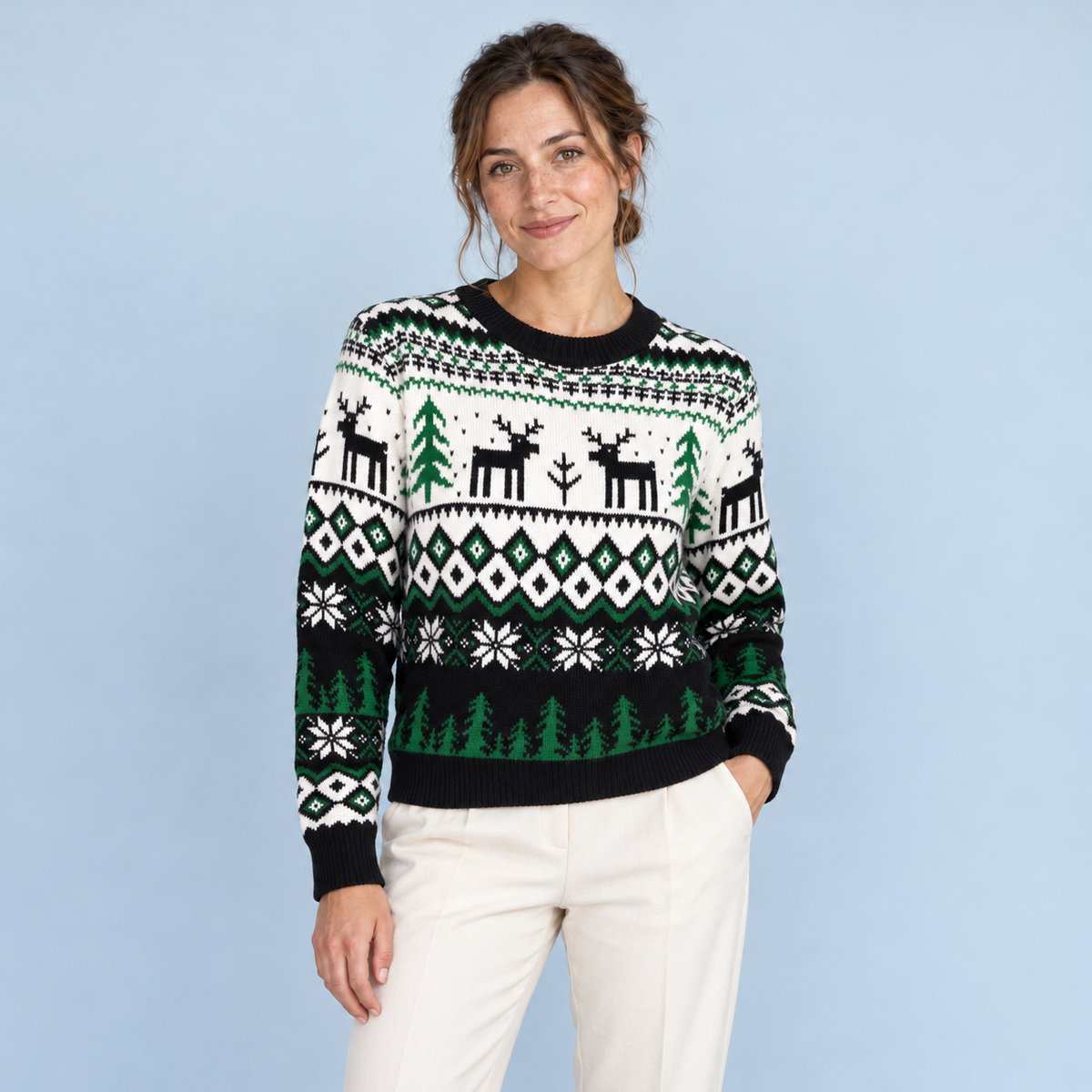 Pull de Noël vert sapin porté de face