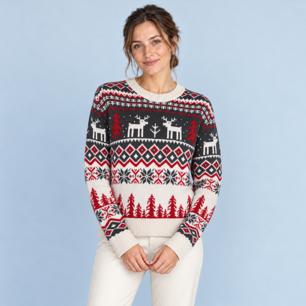 Pull de Noël gris porté de face