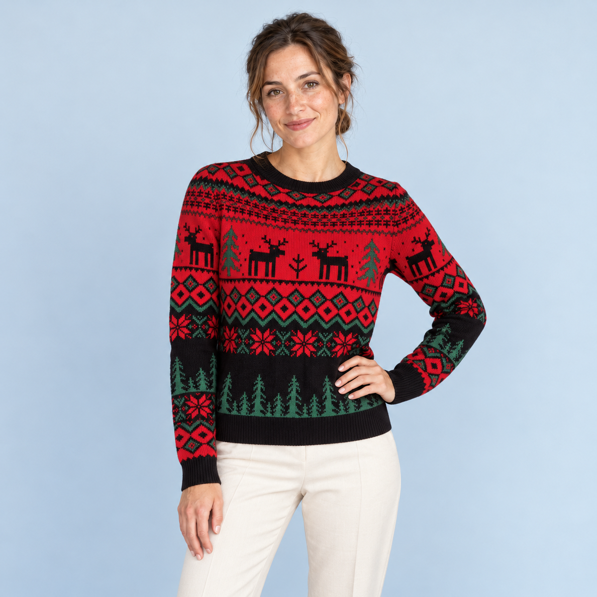 Pull de Noël noir porté de face