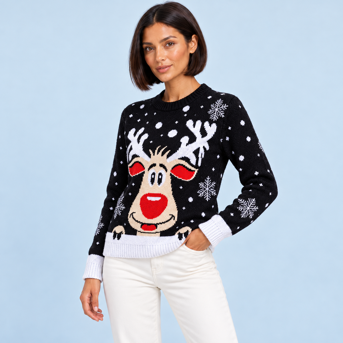 Pull de Noël noir vue trois quarts