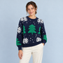 Pull de Noël bleu marine porté de face
