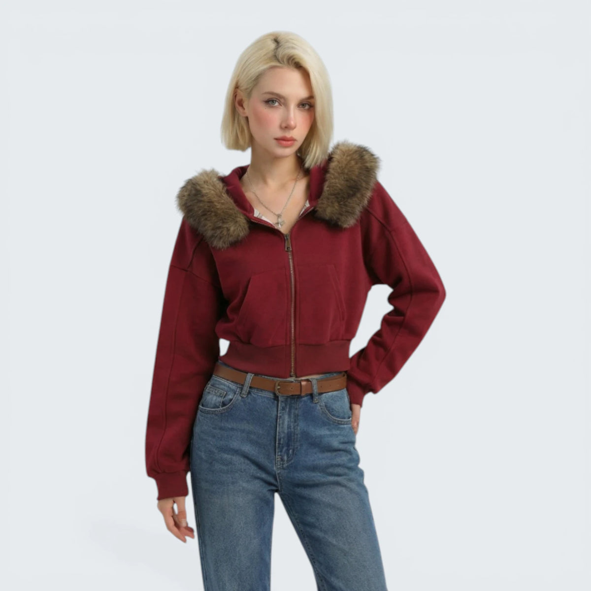 Sweat-shirt Cropped à Capuche avec Fourrure - Veste Courte Style Y2K Trendy