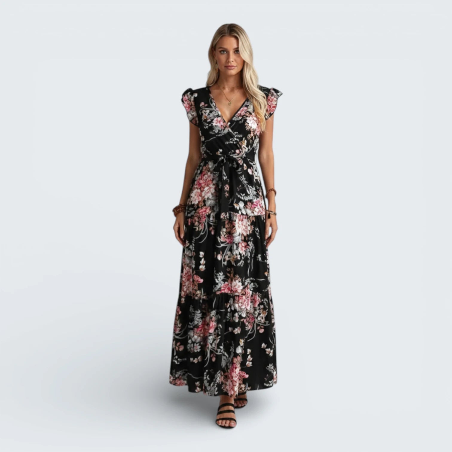 Robe Maxi Bohème à Imprimé Floral Sombre - Robe Longue Étagée avec Décolleté en V