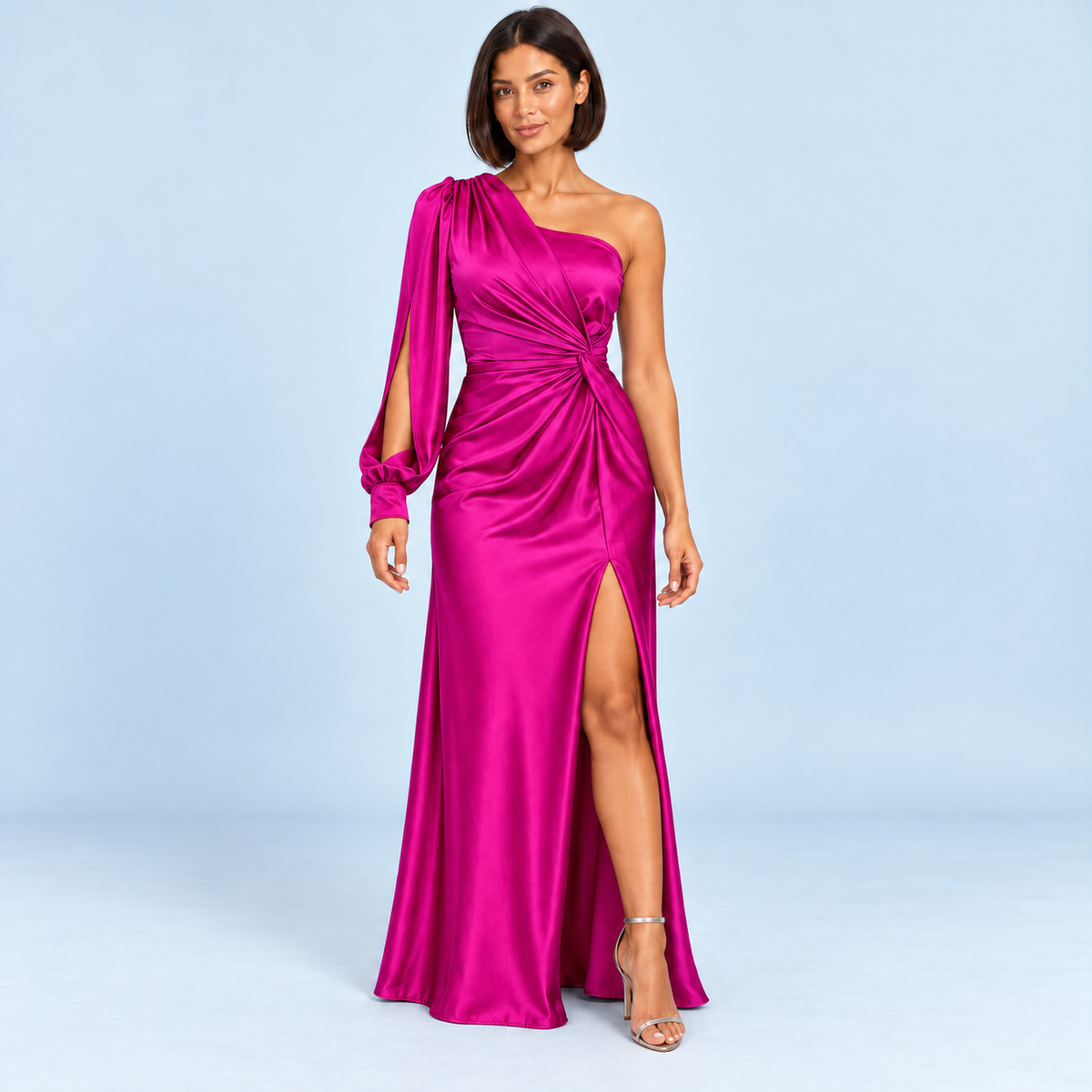 Robe longue asymétrique rose fuchsia à manche fendue, vue de face