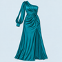 Robe longue asymétrique turquoise, vue de face à plat