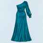 Robe longue asymétrique turquoise, vue de dos à plat