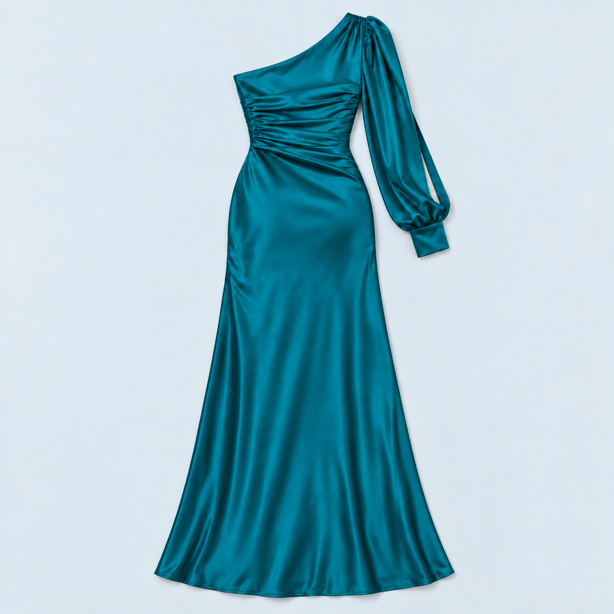 Robe longue asymétrique turquoise, vue de dos à plat