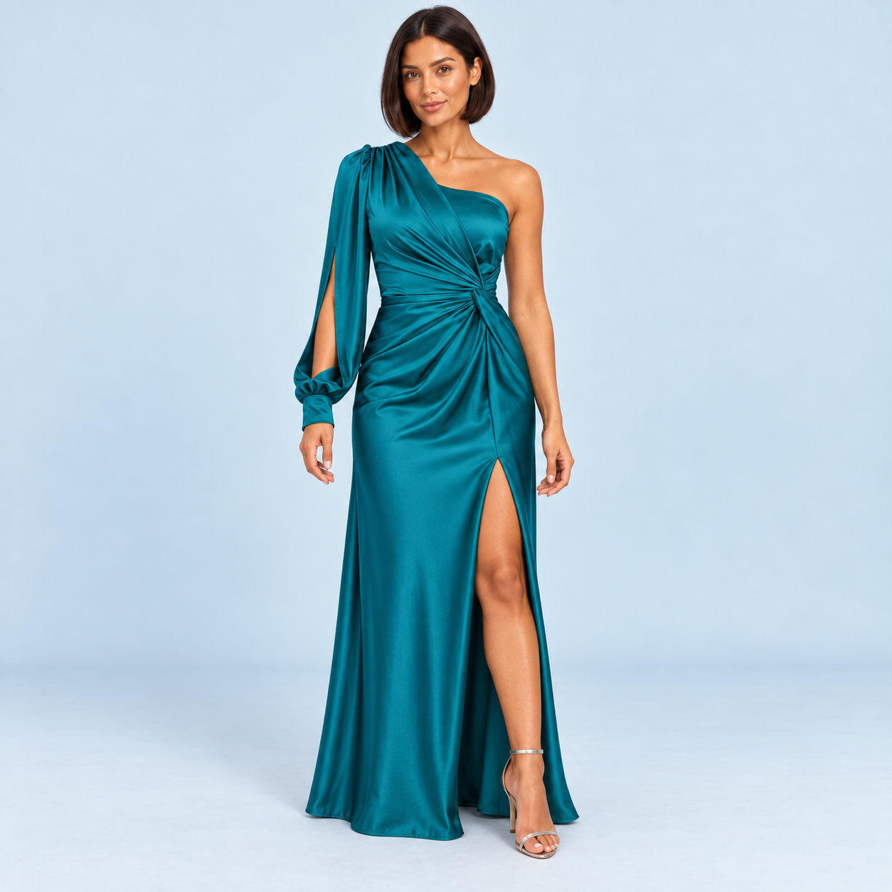 Robe longue asymétrique turquoise à manche fendue, vue de face sur modèle