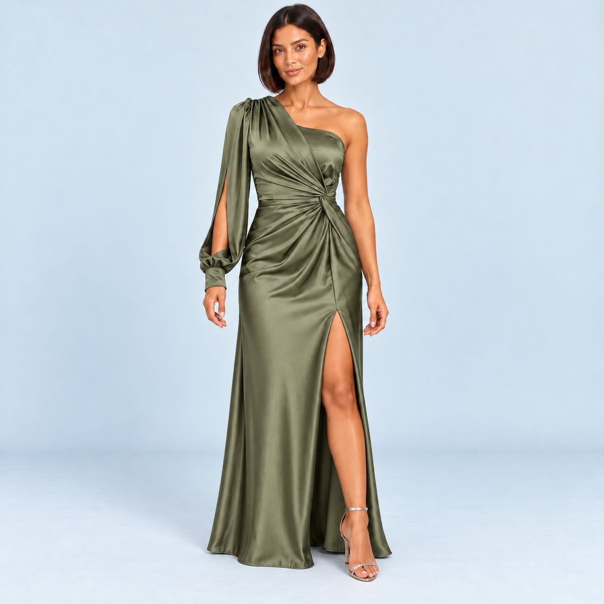 Robe longue asymétrique vert olive à manche fendue, vue de face