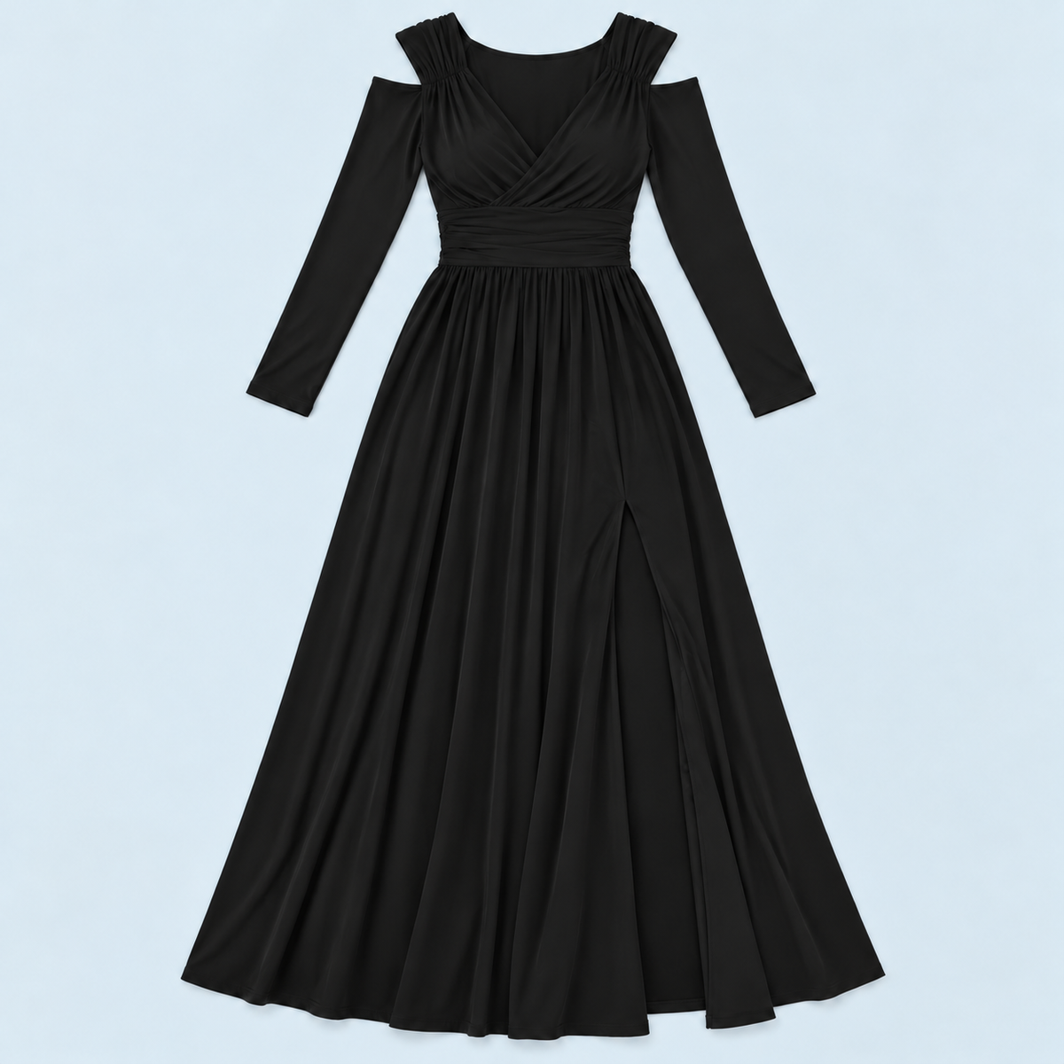 Robe longue noire à manches longues et fente, vue de face à plat