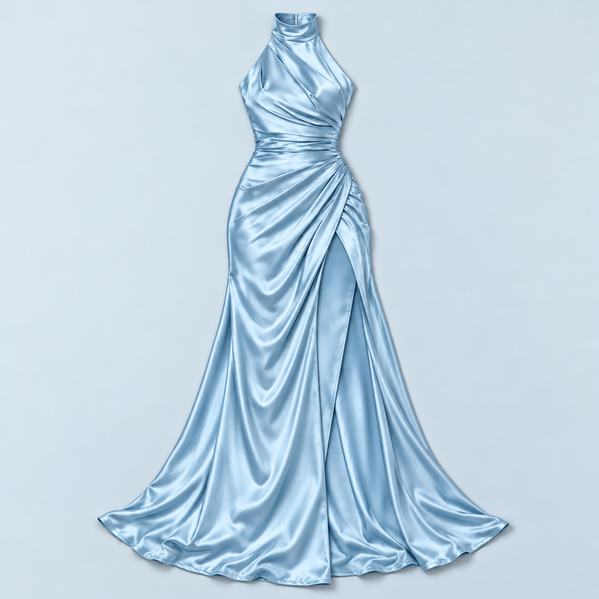 Robe satinée drapée bleu ciel, vue de face à plat