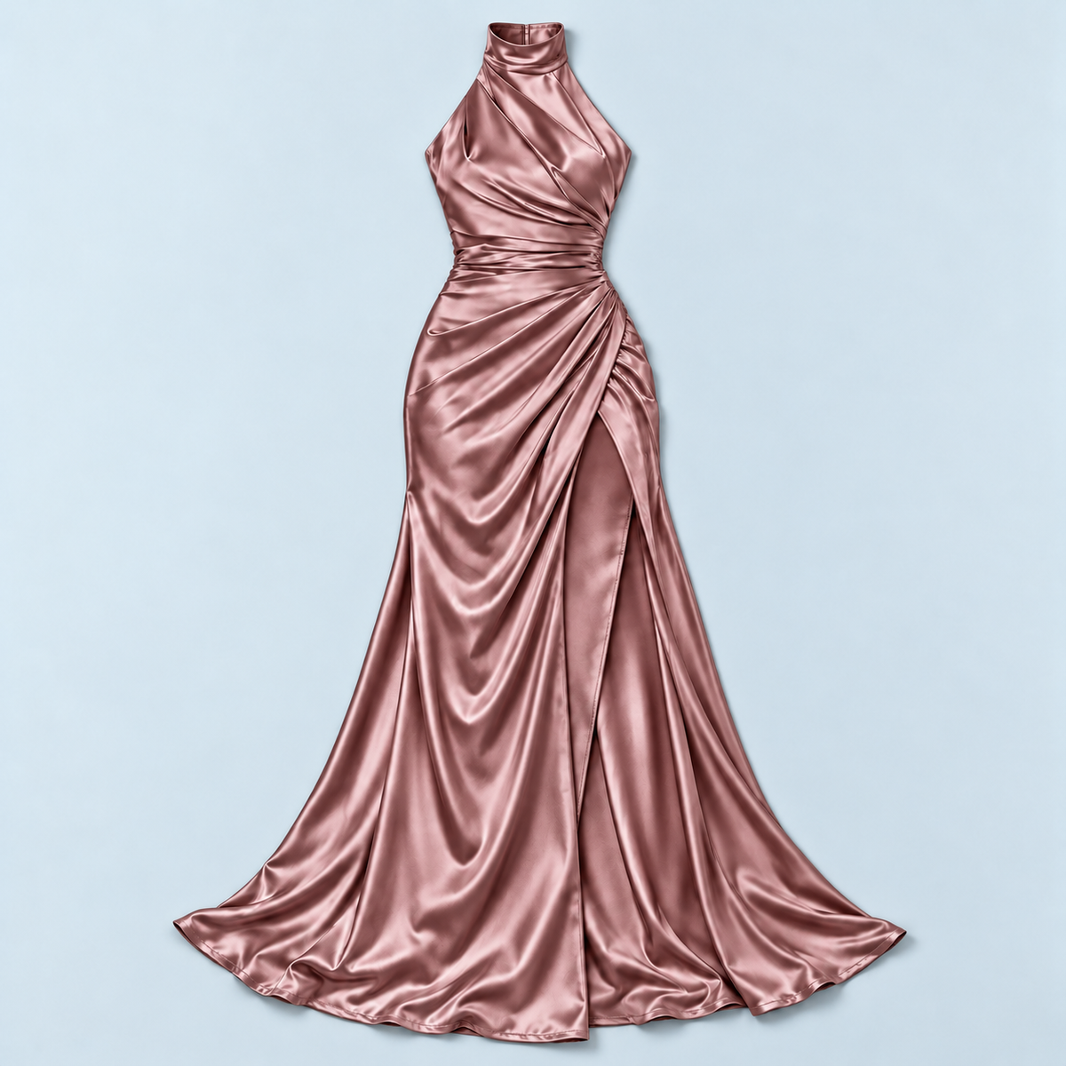Robe satinée drapée brun rosé, vue de face à plat