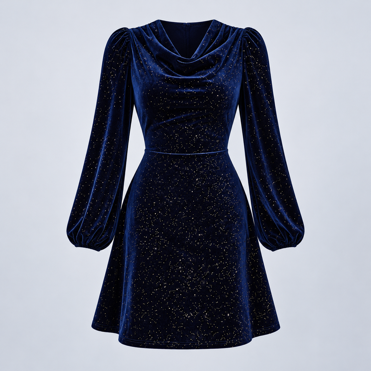 Robe bleue en velours, vue de face sans mannequin