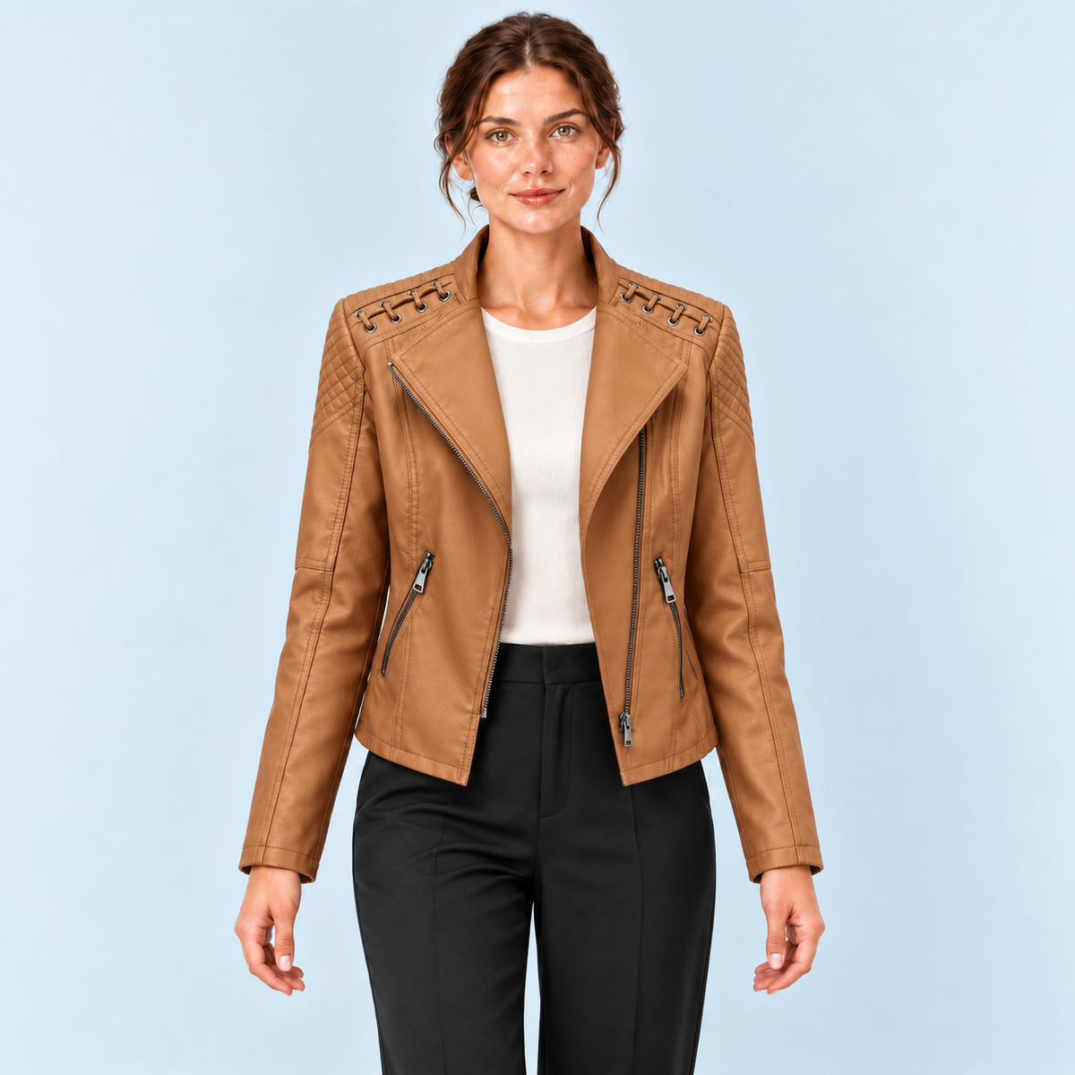 Veste biker femme effet cuir à épaules lacées — marron-clair — face