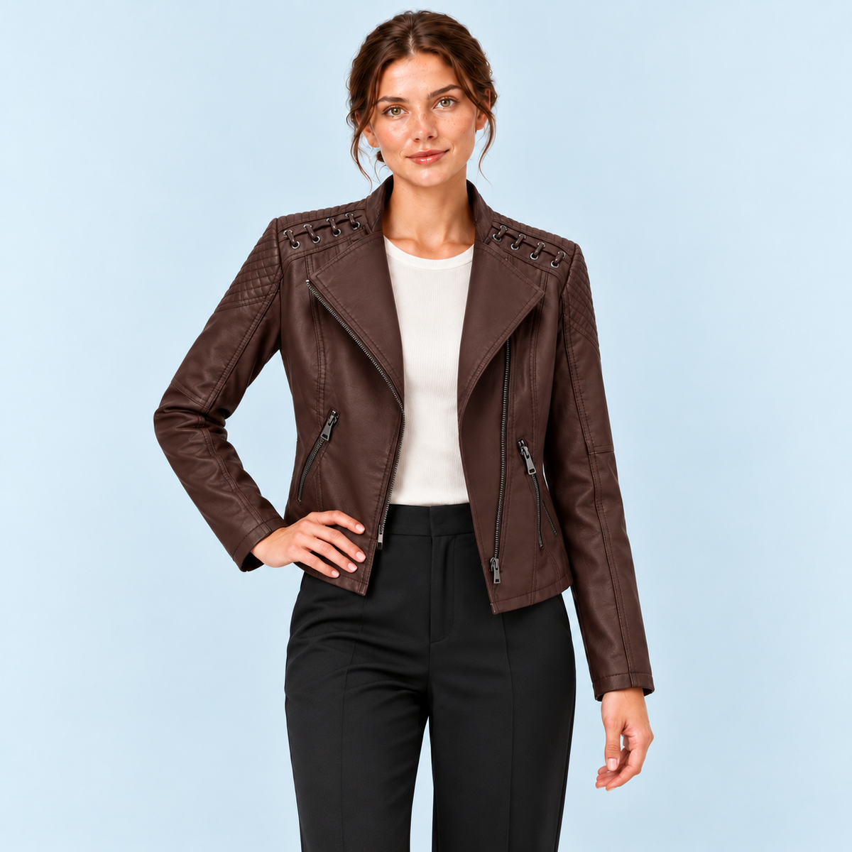 Veste biker femme effet cuir à épaules lacées — marron-fonce — face