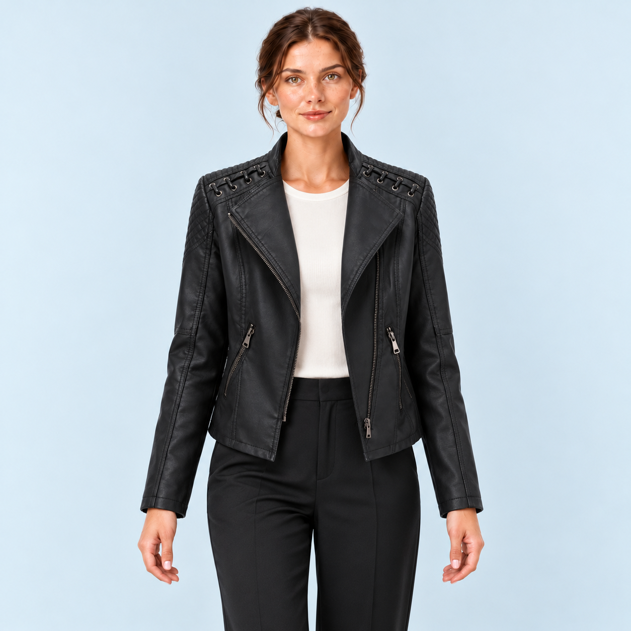 Veste biker femme effet cuir à épaules lacées — noir — face