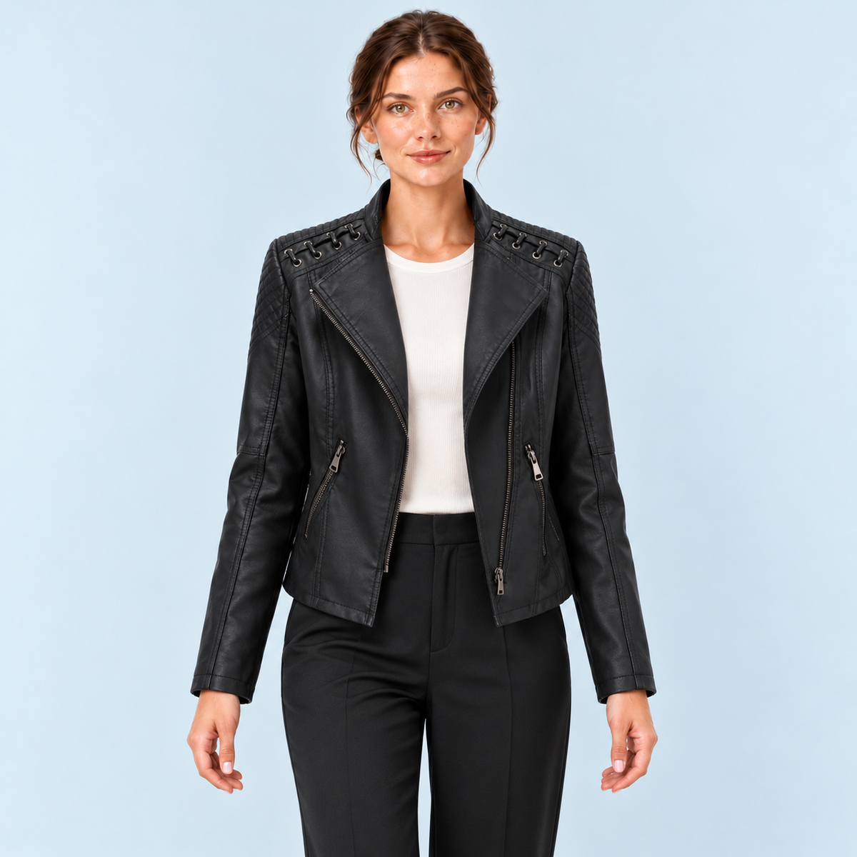 Veste biker femme effet cuir à épaules lacées — noir — face