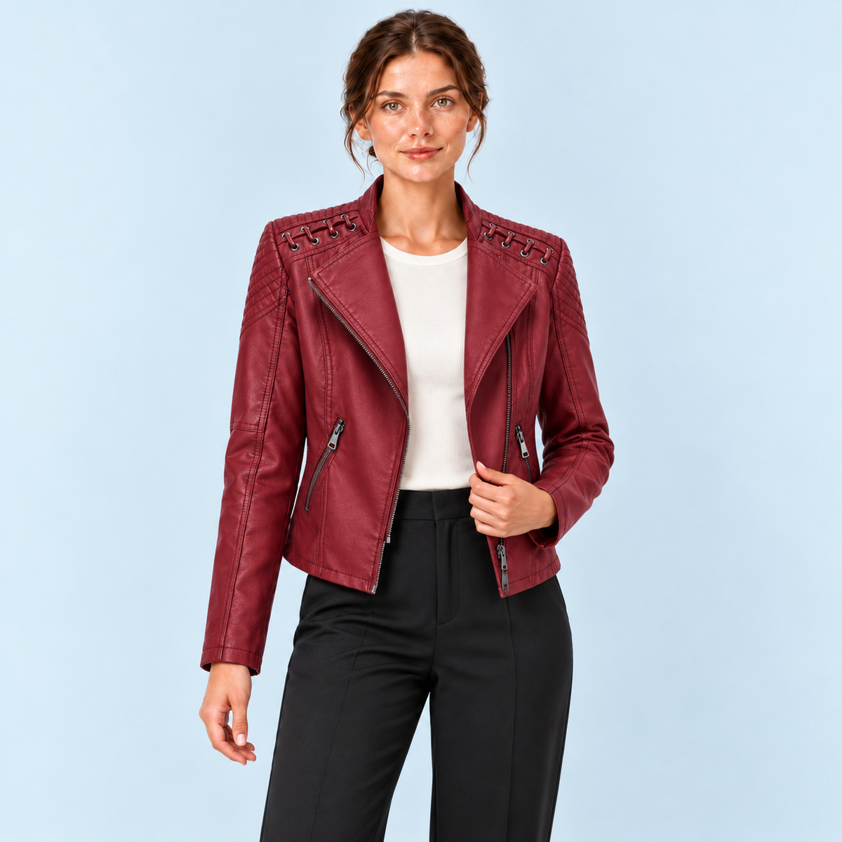 Veste biker femme effet cuir à épaules lacées — rouge — face