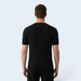 Back view of a man wearing a Savrille black short sleeve ribbed knit V-neck shirt with a structured fit.
