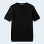 Savrille black short sleeve ribbed knit V-neck shirt with a structured fit and soft-touch texture.