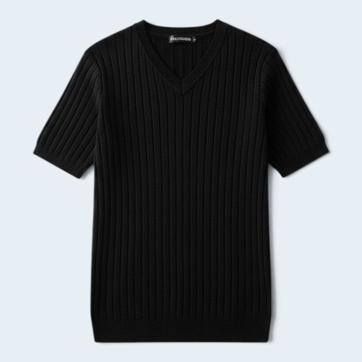Savrille black short sleeve ribbed knit V-neck shirt with a structured fit and soft-touch texture.