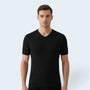 Savrille men's black short sleeve V-neck shirt in a premium vertical ribbed knit fabric with a fitted silhouette.