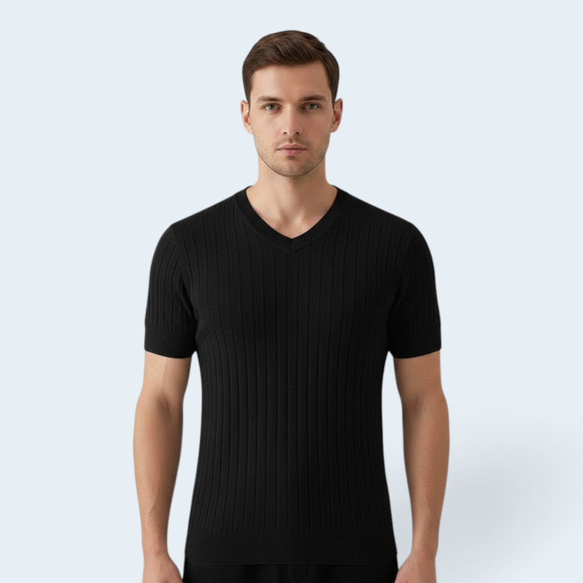 Savrille men's black short sleeve V-neck shirt in a premium vertical ribbed knit fabric with a fitted silhouette.