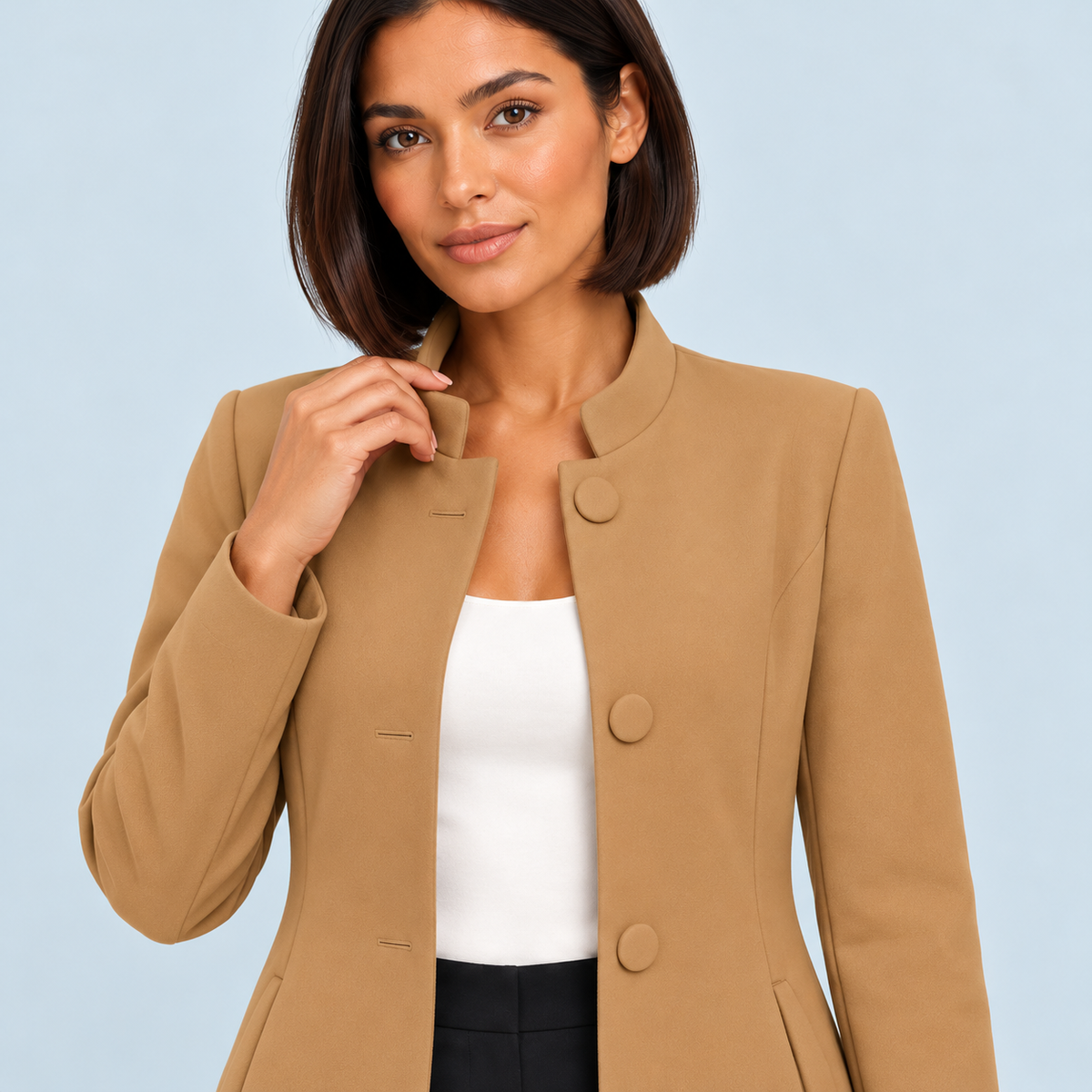 Blazer long femme à col montant — camel — detail