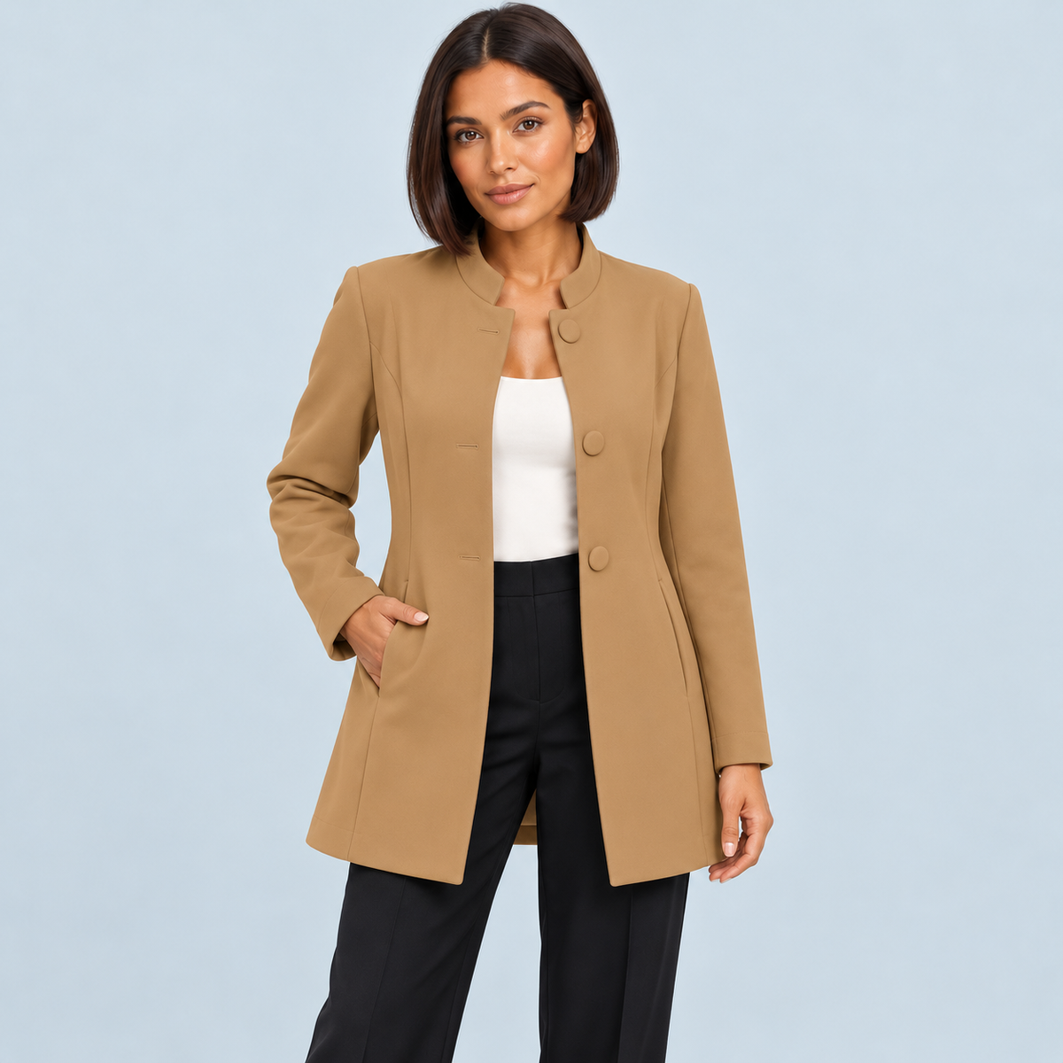 Blazer long femme à col montant — camel — face