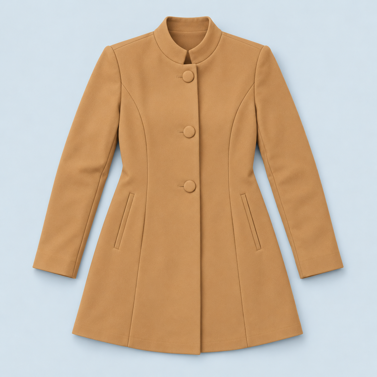 Blazer long femme à col montant — camel — plat-face