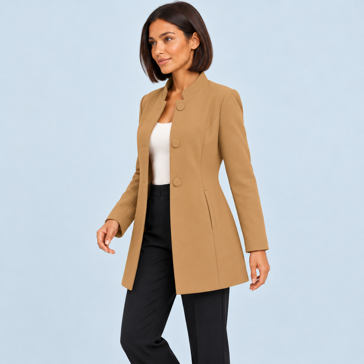Blazer long femme à col montant — camel — profil