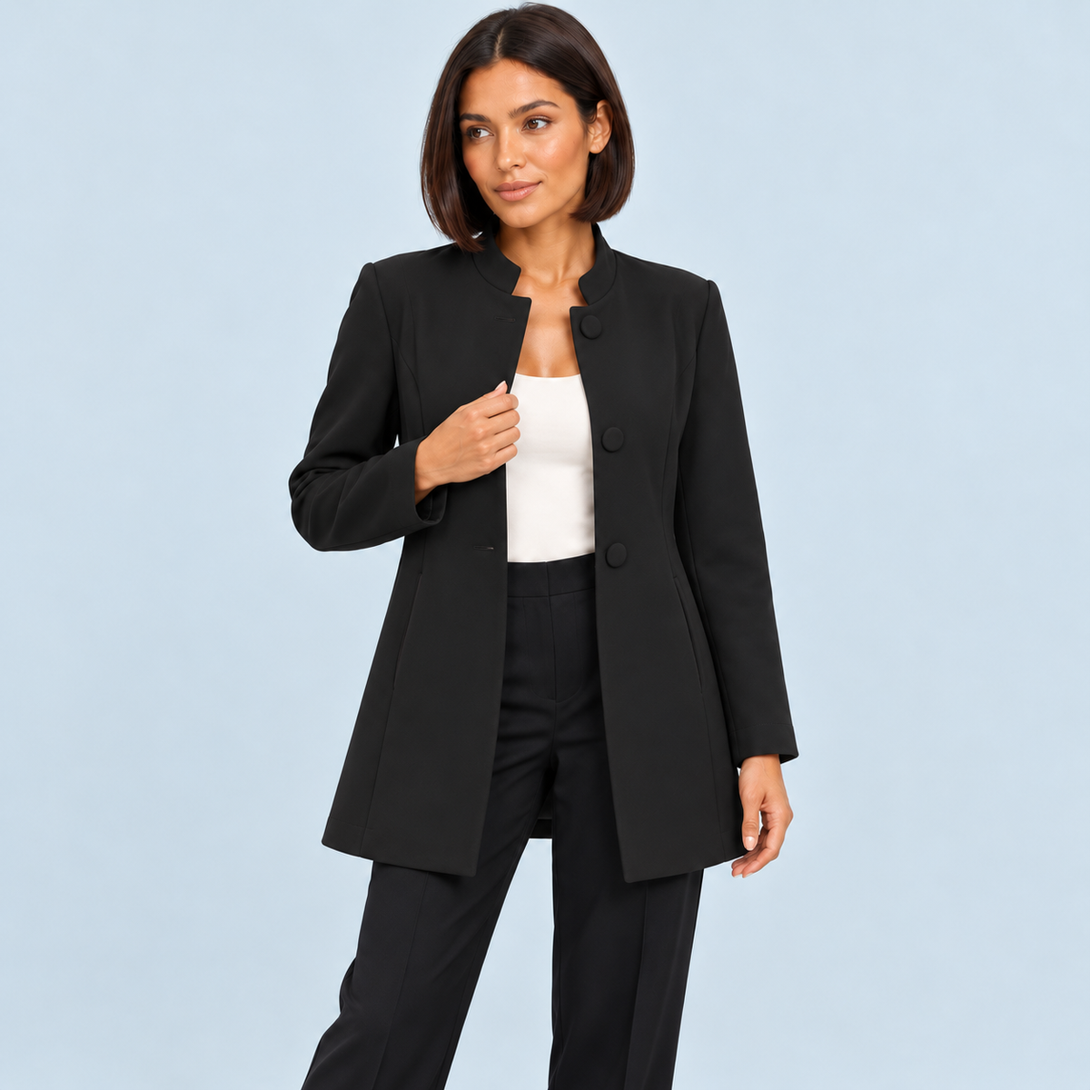 Blazer long femme à col montant — noir — face