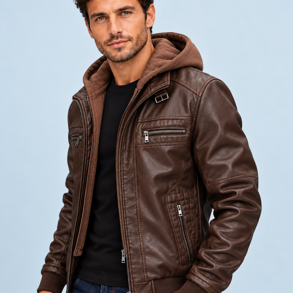 Blouson homme aspect cuir à capuche — marron foncé — vue detail