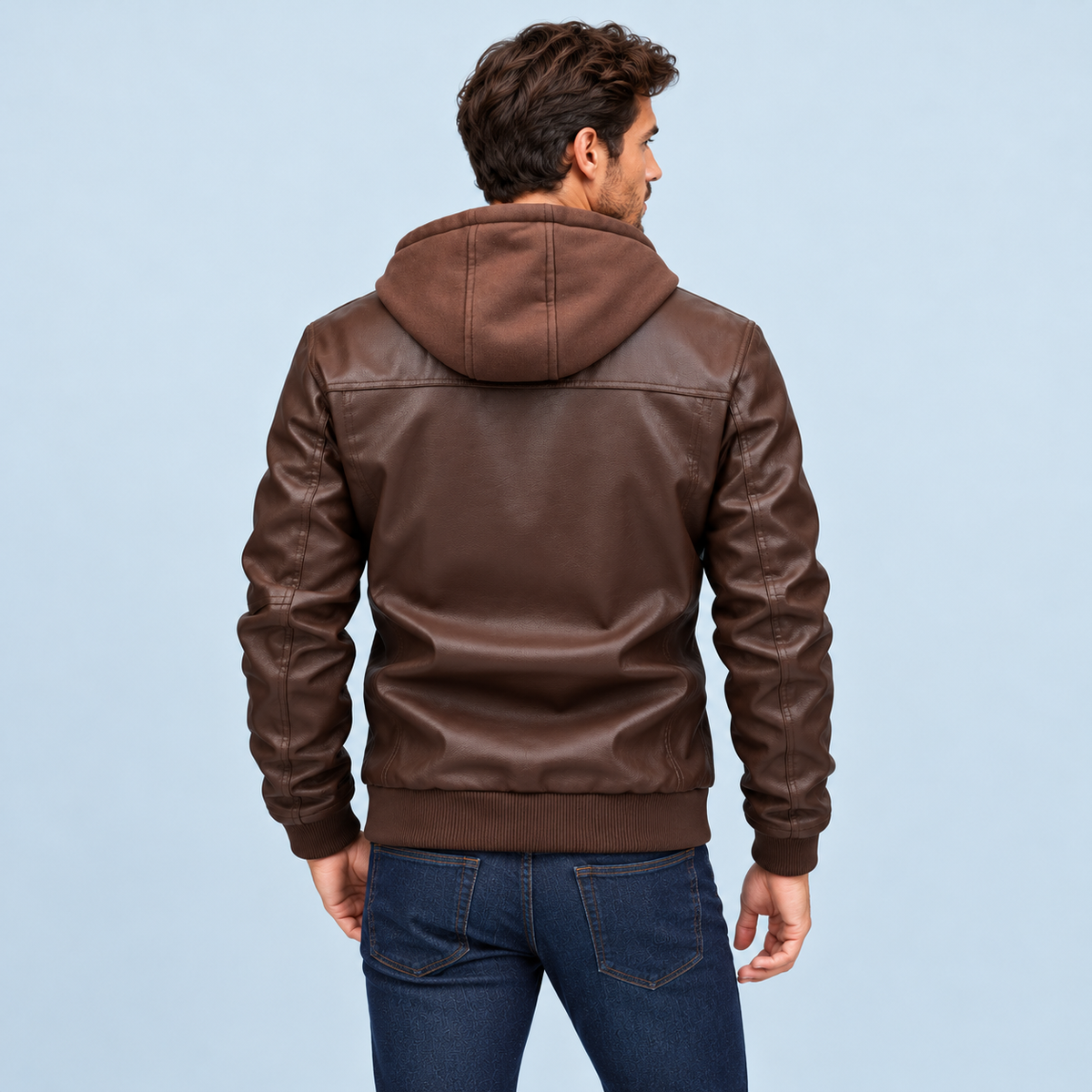 Blouson homme aspect cuir à capuche — marron foncé — vue dos