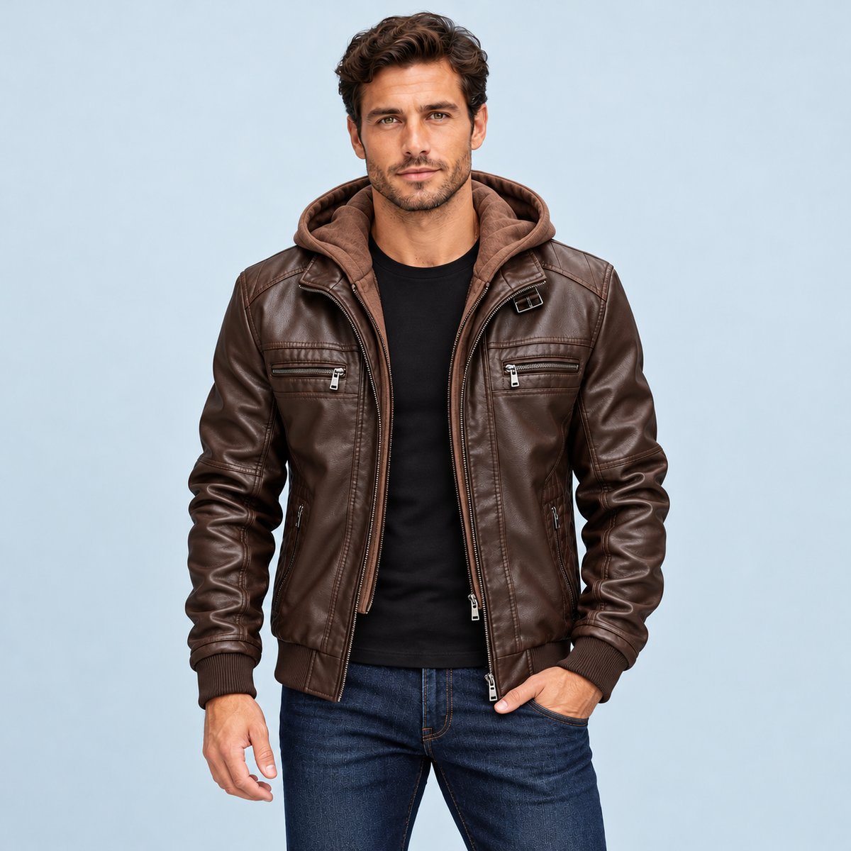 Blouson homme aspect cuir à capuche — marron foncé — vue face