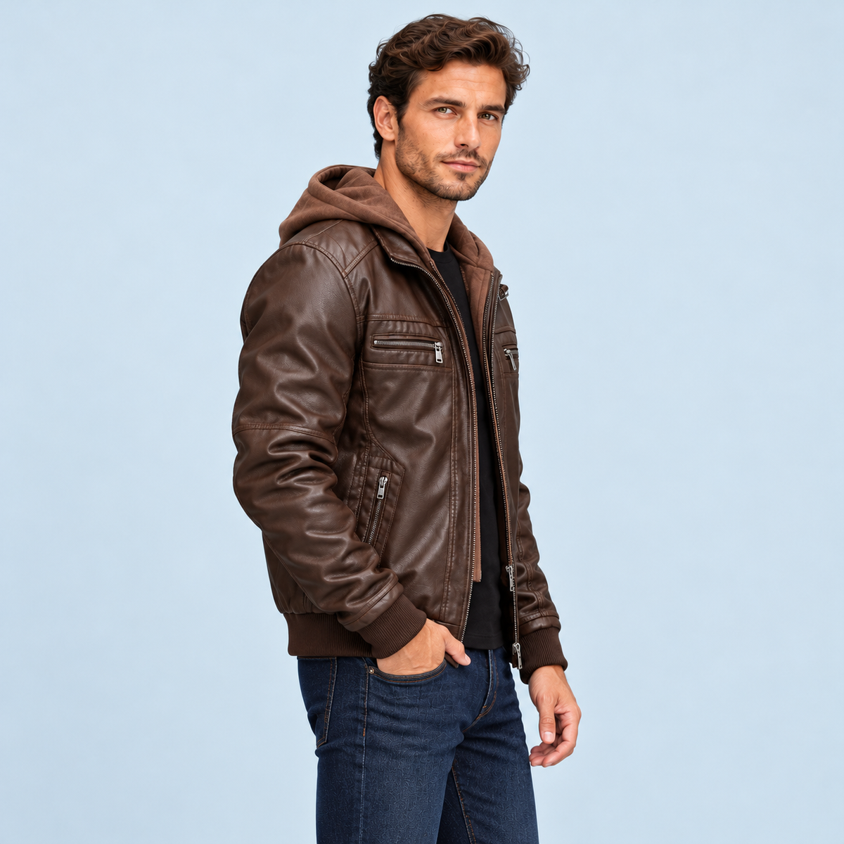 Blouson homme aspect cuir à capuche — marron foncé — vue profil