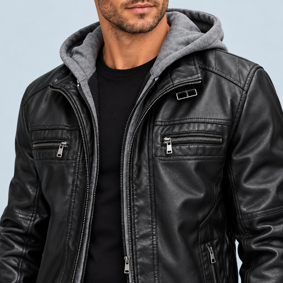 Blouson homme aspect cuir à capuche — noir — vue detail