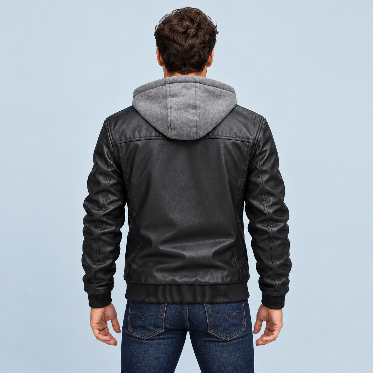 Blouson homme aspect cuir à capuche — noir — vue dos