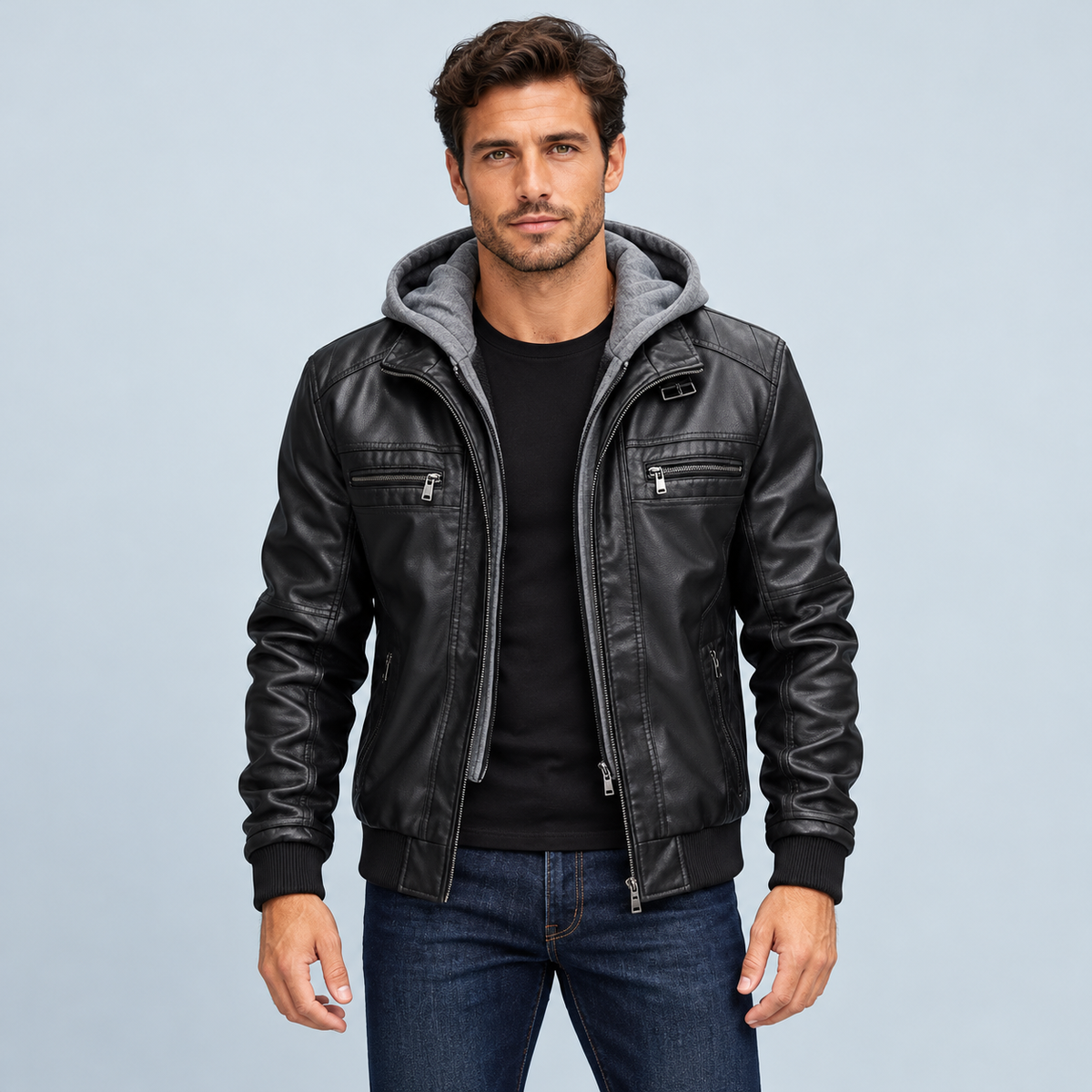 Blouson homme aspect cuir à capuche — noir — vue face