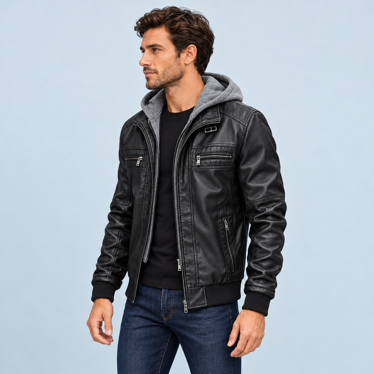 Blouson homme aspect cuir à capuche — noir — vue profil