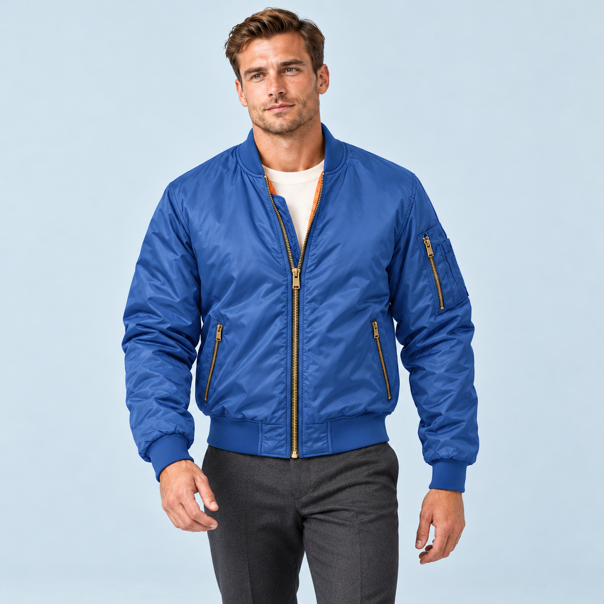 Blouson bomber homme à doublure matelassée — Bleu — vue de face avec modèle
