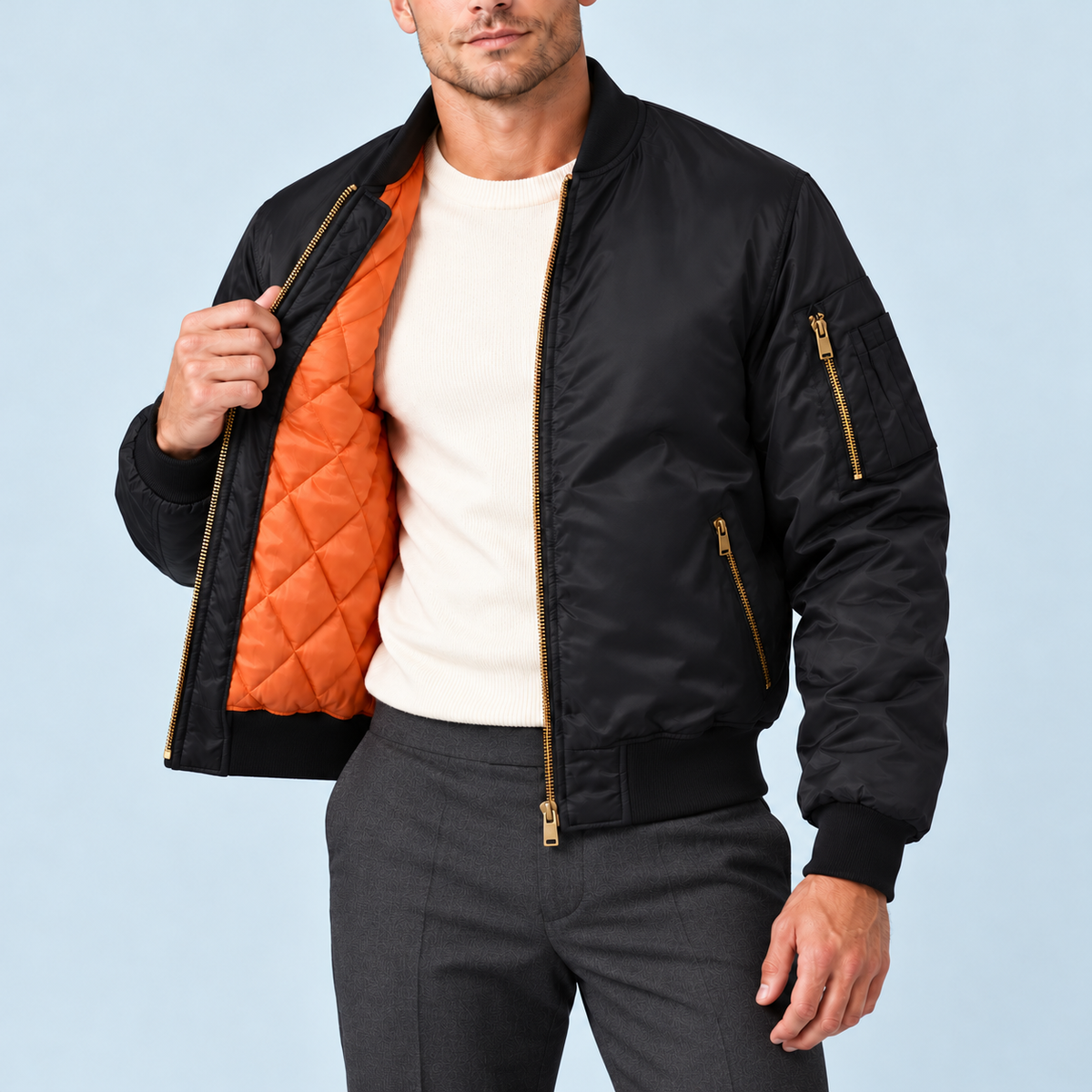 Blouson bomber homme à doublure matelassée — Noir — détail de la doublure et des poches