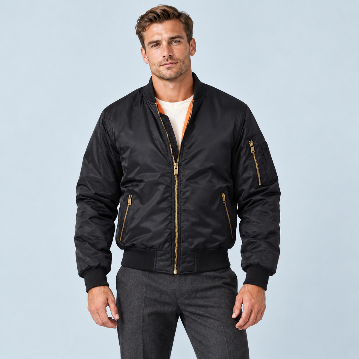 Blouson bomber homme à doublure matelassée — Noir — vue de face avec modèle